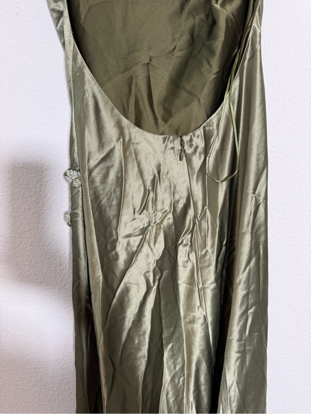 Sau Lee Priscilla Gown Olive Green Satin Maxi Dress Asian Inspired Formal Slit 4 - Picture 5 of 9